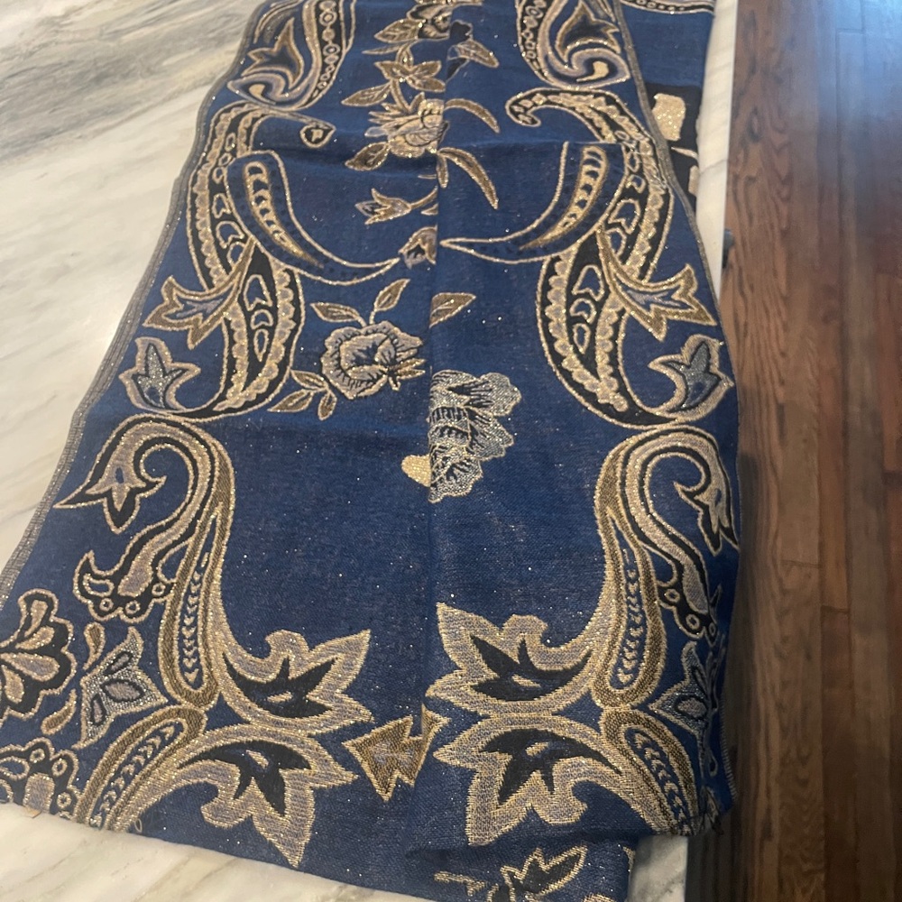 Blue and Gold Paisley metallic pashmina like scarf /shawl
